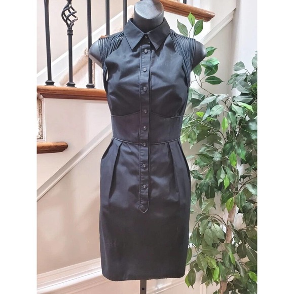 Nanette Lepore Women Black Solid Collared Sleeveless Casual Knee Length Dress 6 - Picture 1 of 9